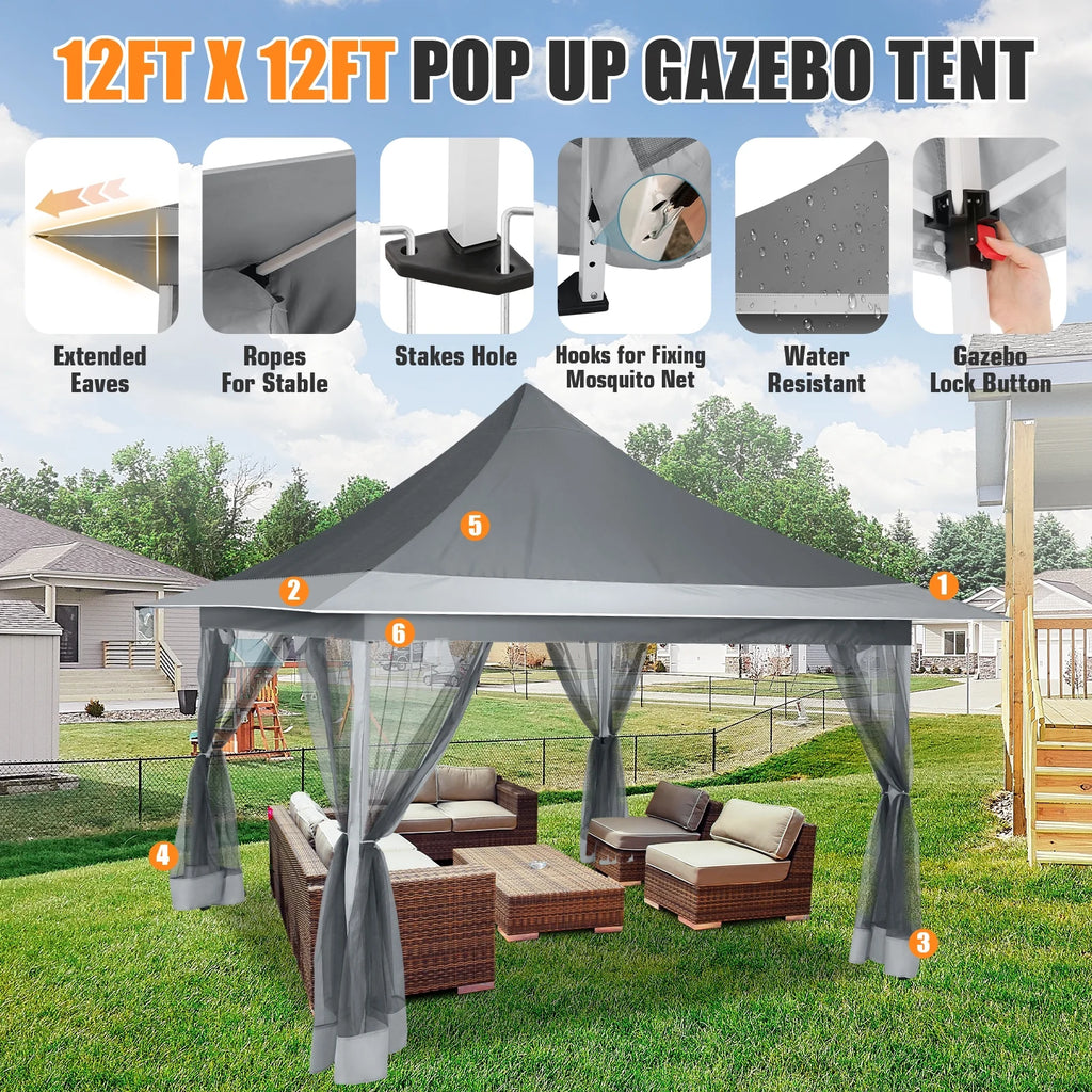 HOTEEL 12x12 EZ Pop Up Gazebo Tent with Sidewalls,Patio Gazebo Instant Shelter for Outdoor Party Camping Backyard Beach with Carry Bag,Stakes,Ropes,Gray