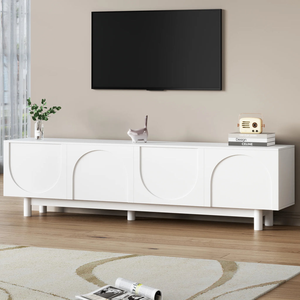 71" Graceful TV Stand with Arch Cabinets�?�?Minimalist Media Console for 78" TVs, White Entertainment Center with Solid Wood Legs & Adjustable Shelves