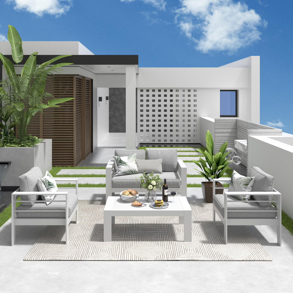 CozyHom 5 Pcs Outdoor Patio Aluminum Furniture Sofa Sets, Outside Patio Conversation Couch Sets With Table&Cushions for Garden Porch, Gray