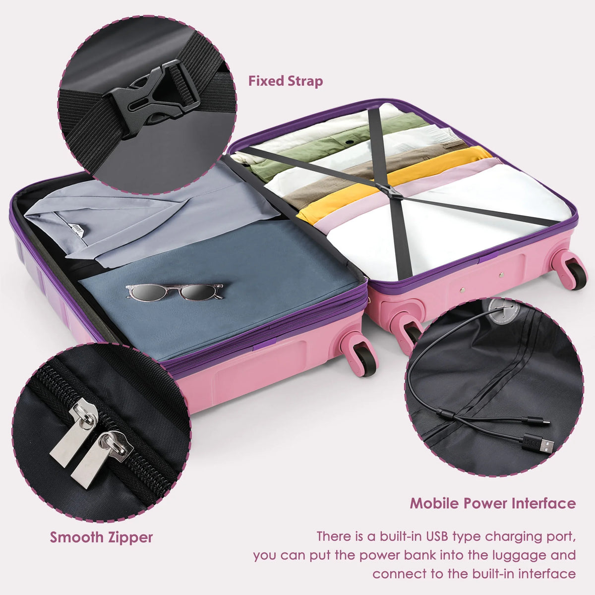 PAPROOS 3-Piece Luggage Set (20''/24''/28''), Hardshell Lightweight Suitcase with USB Port and Side Hooks, Travel Luggage with TSA-Lock, Hardside Rolling Luggage for School, Travel, Pink