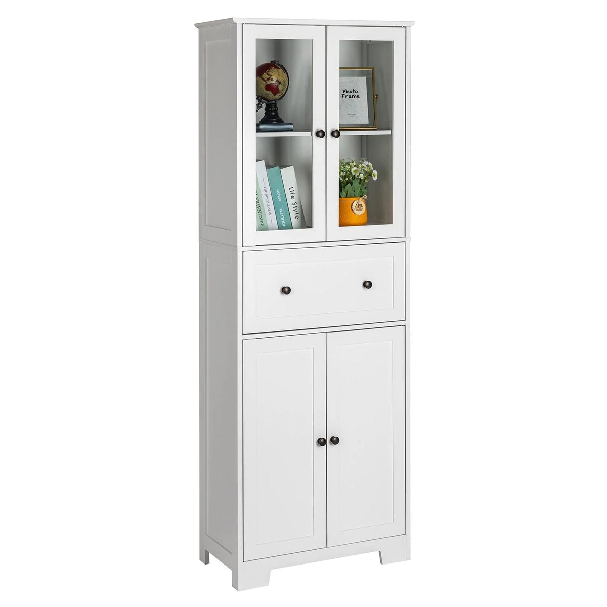 Ktaxon 64" Tall Bathroom Storage Cabinet Organizer, Freestanding Kitchen Pantry Cabinet Line Tower with 2 Glass Doors, Large Drawer & 4 Adjustable Shelves for Dining Room Living Room Home Office,White