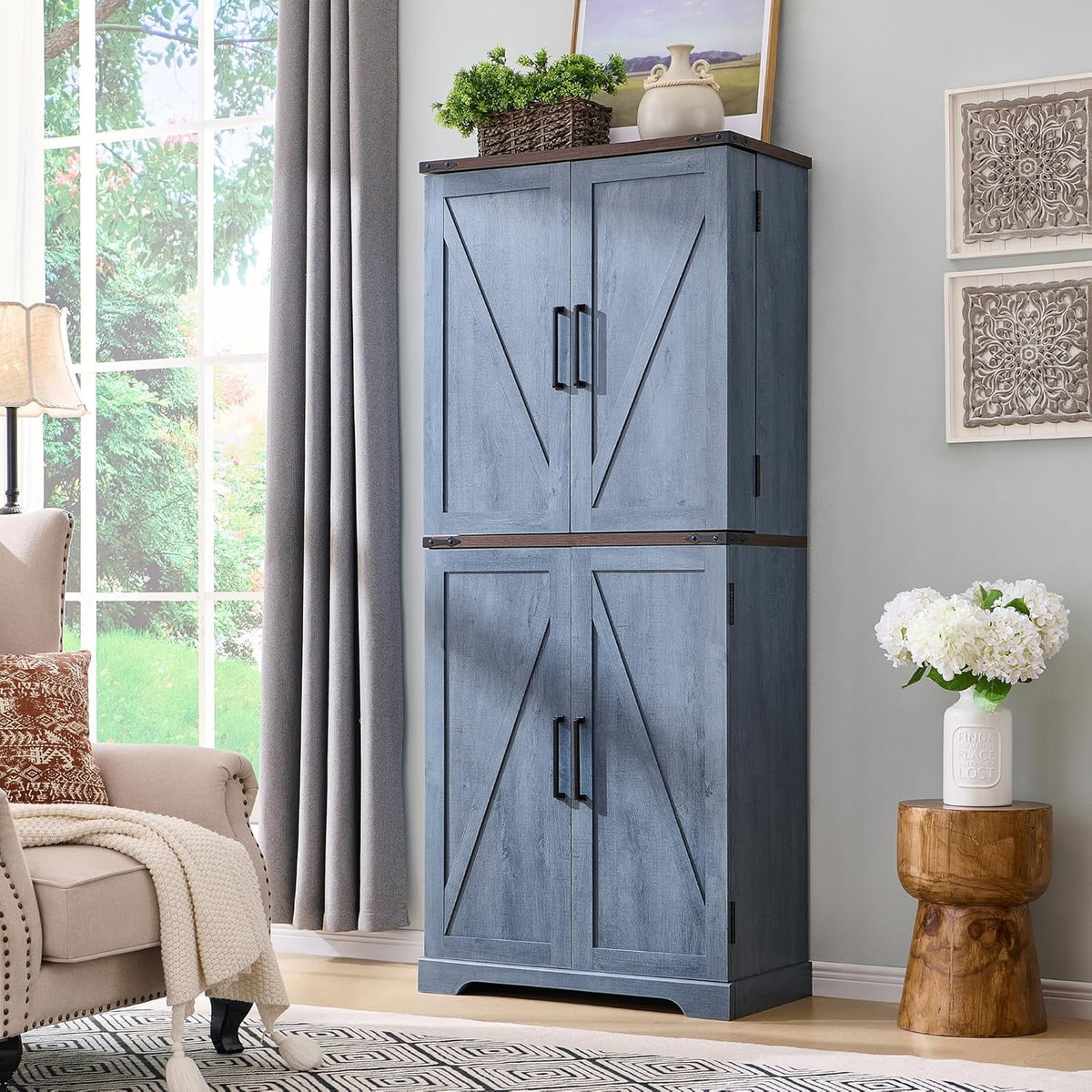 47" Kitchen Pantry, Farmhouse Storage Cabinet with Barn Doors, Organizer and Adjustable Shelves, Rustic Wood Cupboard for Kitchen, Dining Room, Bathroom and Hallway, Black