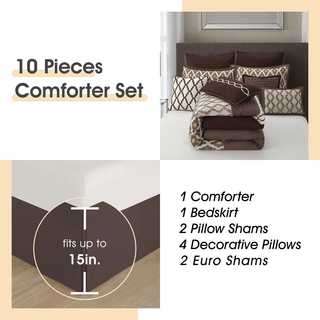 LANCO MODERN LIFESTYLE King Size Comforter Set, Burgundy, 10 Piece Bed in a Bag for All Seasons, Luxury Extreme Comfort Bedding Sets with Bedskirt, Pillow Shams, Euro Shams and Decor Pillows