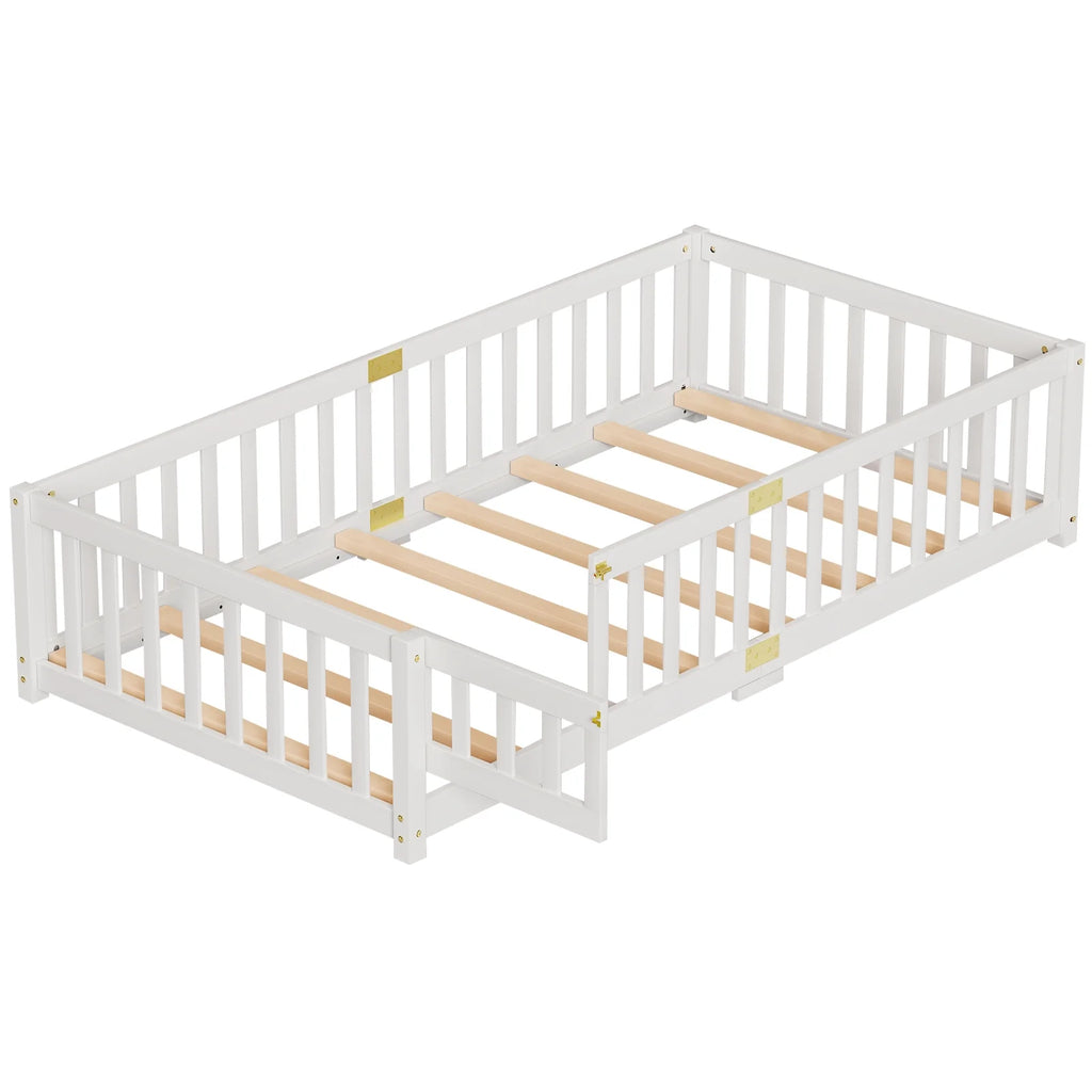 Slsy Twin Size Toddler Floor Bed, Solid Wood Montessori Bed Frame with Fence & Door Montessori Floor Bed Crib with Safety Guardrails for Girls and Boys