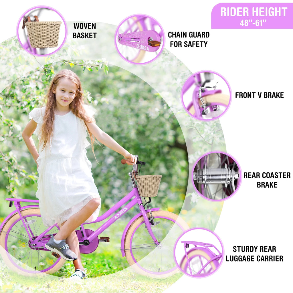 20" Kids Bike Girls Bike with Basket Single Speed Steel Frame Children Bicycle for 7-10 Years, Pink