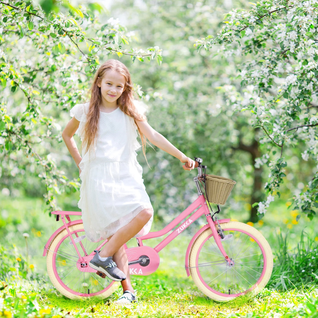 20" Kids Bike Girls Bike with Basket Single Speed Steel Frame Children Bicycle for 7-10 Years, Pink