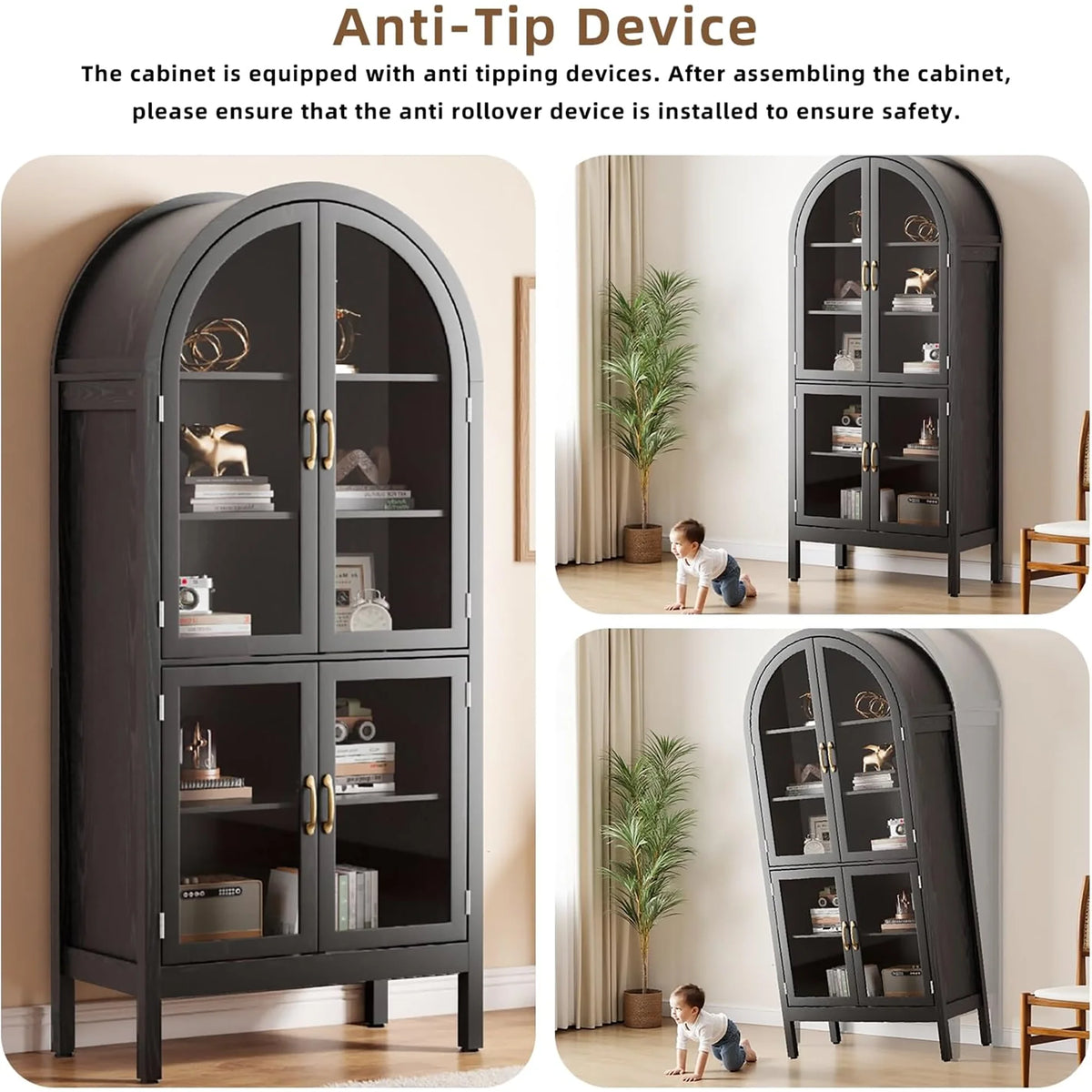 Tall Arched Storage Display Cabinet 5-Shelf with Acrylic Glass Doors, Kitchen Pantry Storage Cabinet Accent Cabinet Bookcase for Living Dining Room