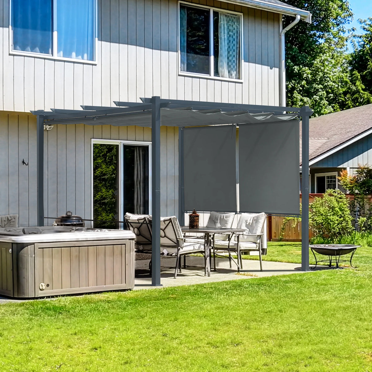 Aoodor 10 x 10 ft. Outdoor Pergola with Retractable Canopy and Sunshade Roller Curtains, Aluminum Frame Grape Trellis Pergola for Patio Backyard and Deck - Gray