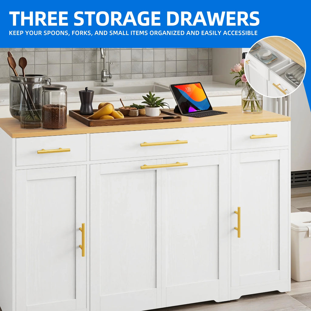 DEXTRUS Kitchen Island Table with Drawers & Doors, Storage Cart with Cabinet for Double 10-gal Trash Bin, White