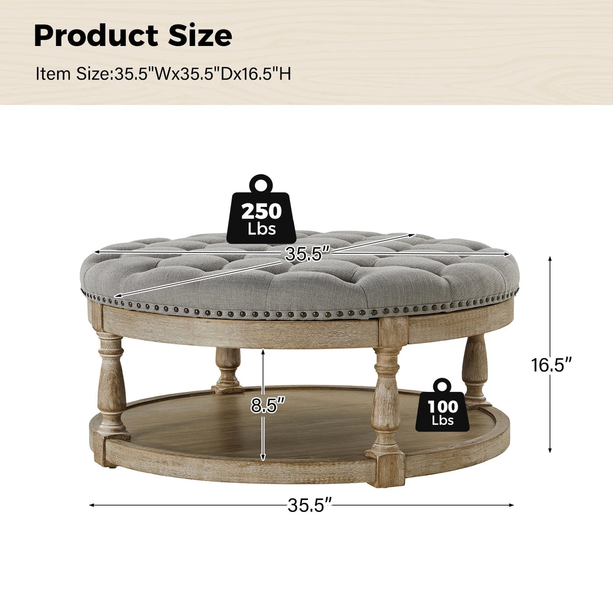 36'' Wide Blue Round Large Ottoman Tufted Coffee Table with Storage Wood Legs Home Living Room