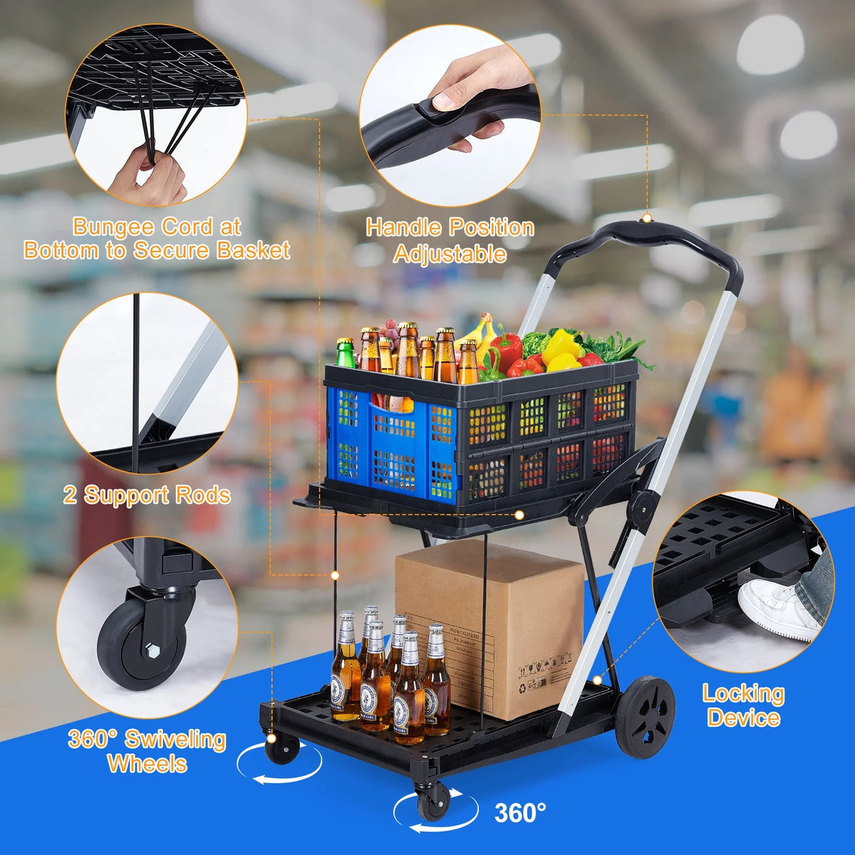 Garvee Foldable Shopping Cart for Groceries, 2-Tier Collapsible Utility Carts with Wheels & Removable Storage Crate, Aluminium & PP, Portable for Supermarket & Home Use