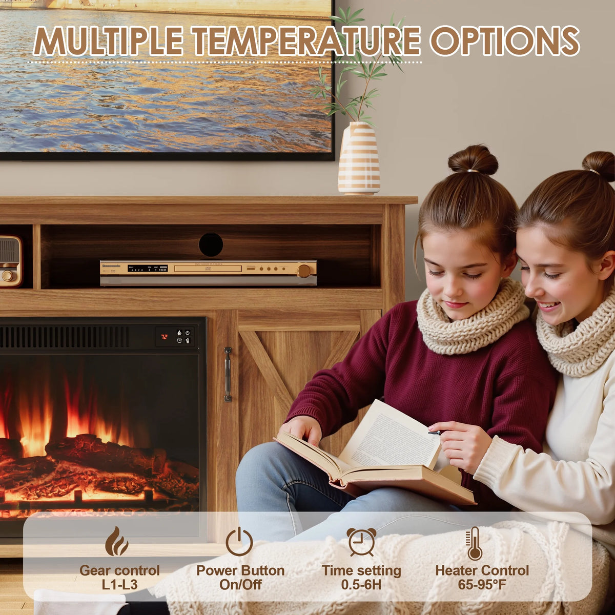 Homall Rustic 65" Television Stand with Electric Fireplace & 2 Shelves, Wood Oaken, 15.1'' W