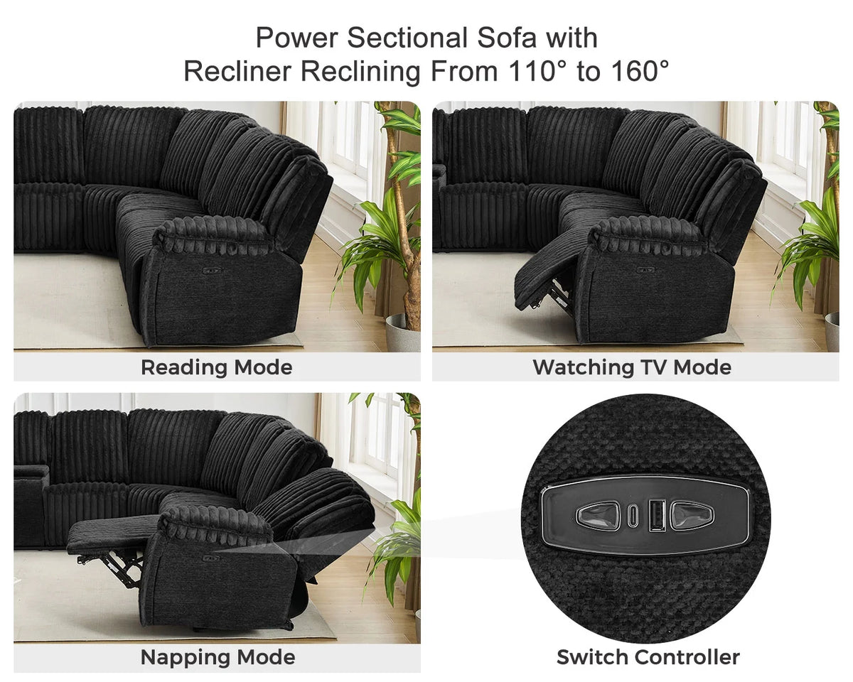 Power Reclining Sectional Sofa with Wireless Charger,6-Seater Faux Fur Sectional with Recliners,Hidden Cup Holders,Storage Console,USB & Type-C Ports,Black
