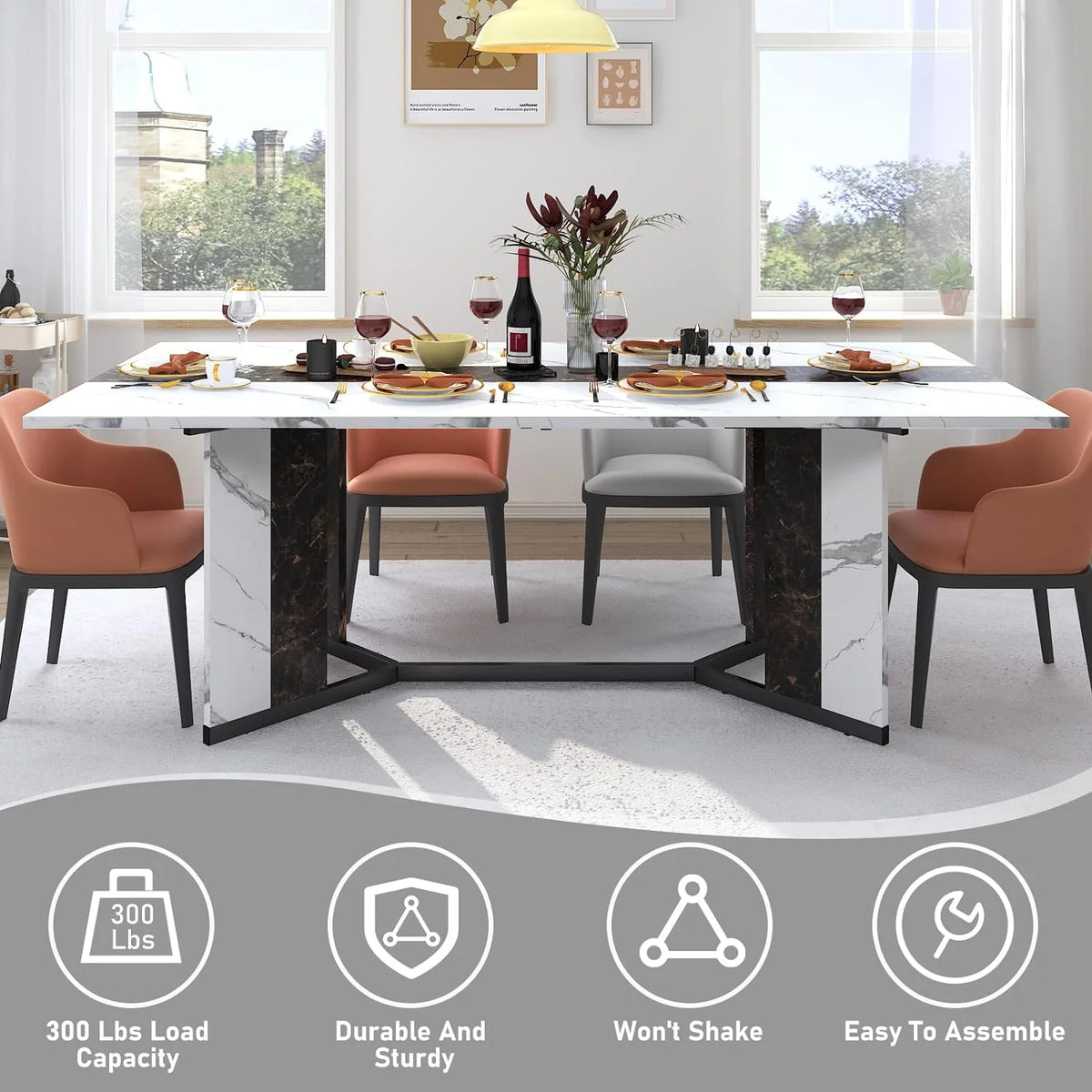 71 inch Large Rectangular Dining Table for 6-8 People, Dining Table with Marble-Color Wood Waterproof Tabletop and Adjustable Leg, 6ft Luxurious Family Dinner Table for Office Kitchen Living Room