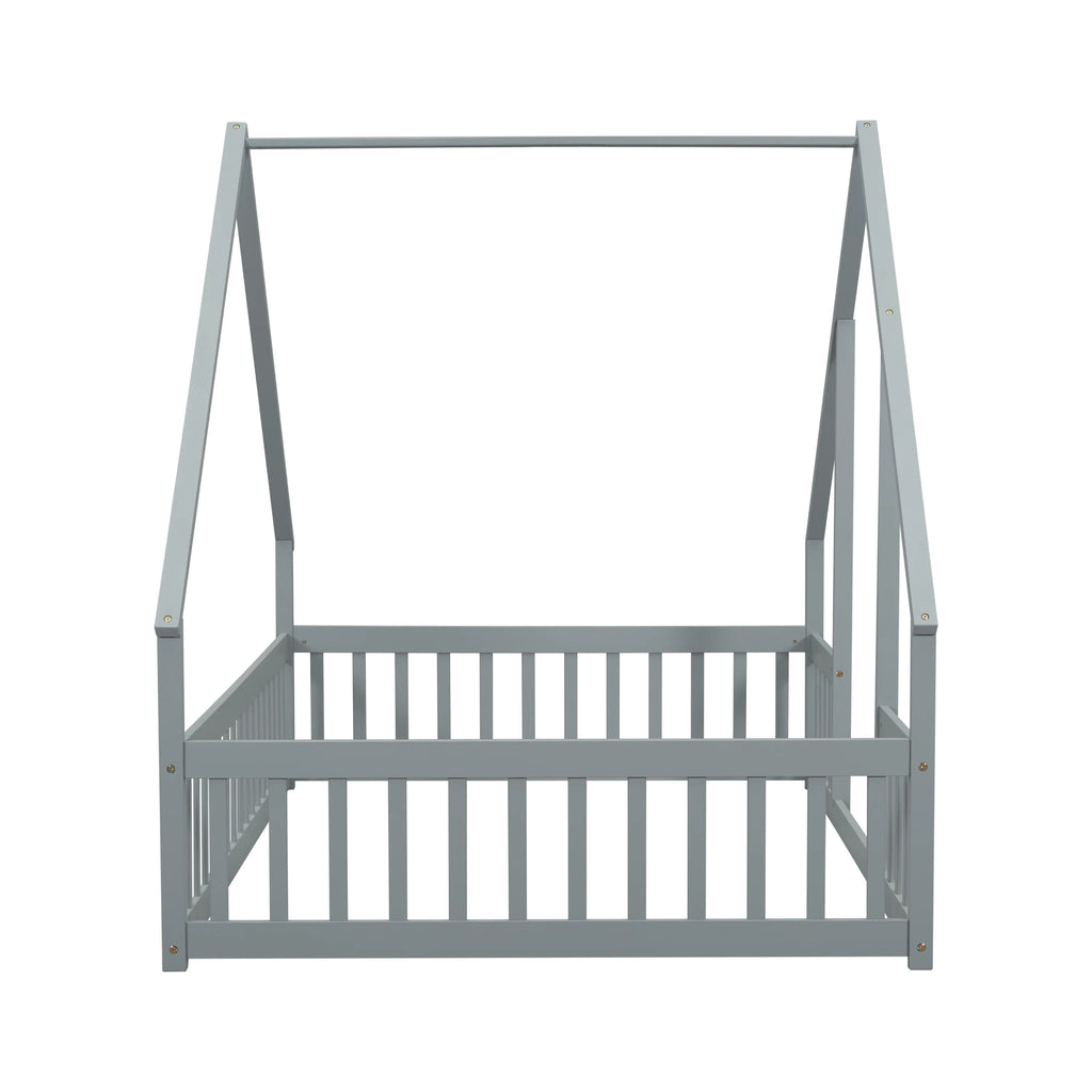 Bellemave Twin Size Floor Bed Frame, Wooden House Bed Twin Size with Fence, Montessori Bed with Guardrails for Bedroom (White)