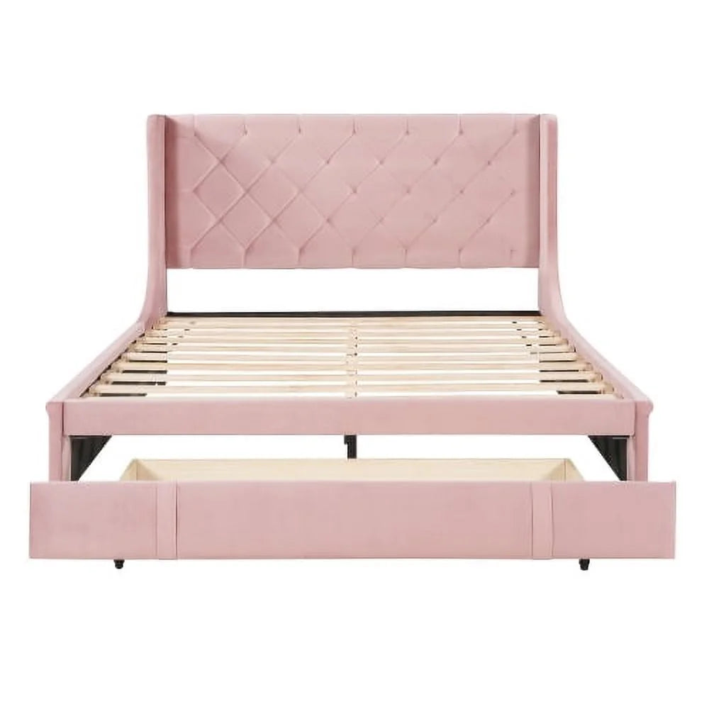 Queen Bed Frame with Storage Drawer, Velvet Upholstered Storage Bed, Wood Platform Bed Frame with Wingback Headboard and a Big Drawer(Beige)