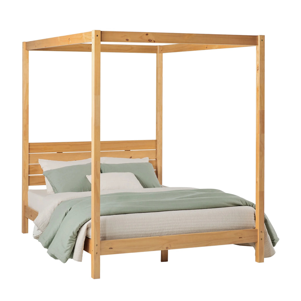 Walker Edison Minimalist Slatted Wood Queen Canopy Bedframe, Natural Pine