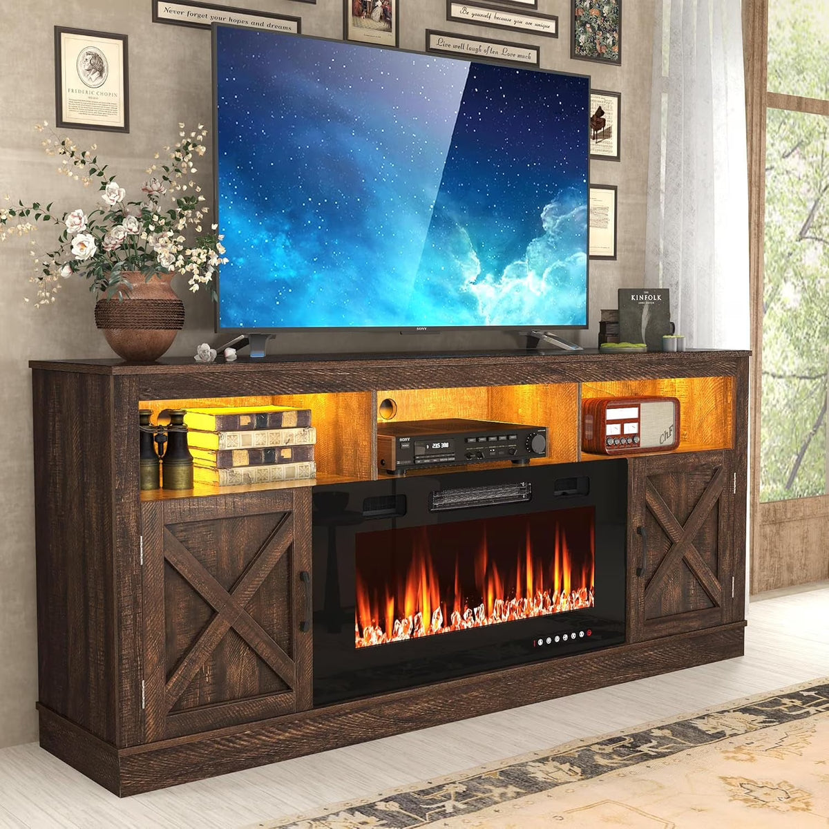 ChVans 70" Fireplace TV Stand for TVs up to 80" with 36" Electric Fireplace, Farmhouse Entertainment Center with LED, Wooden Media Console for Living Room, Bedroom