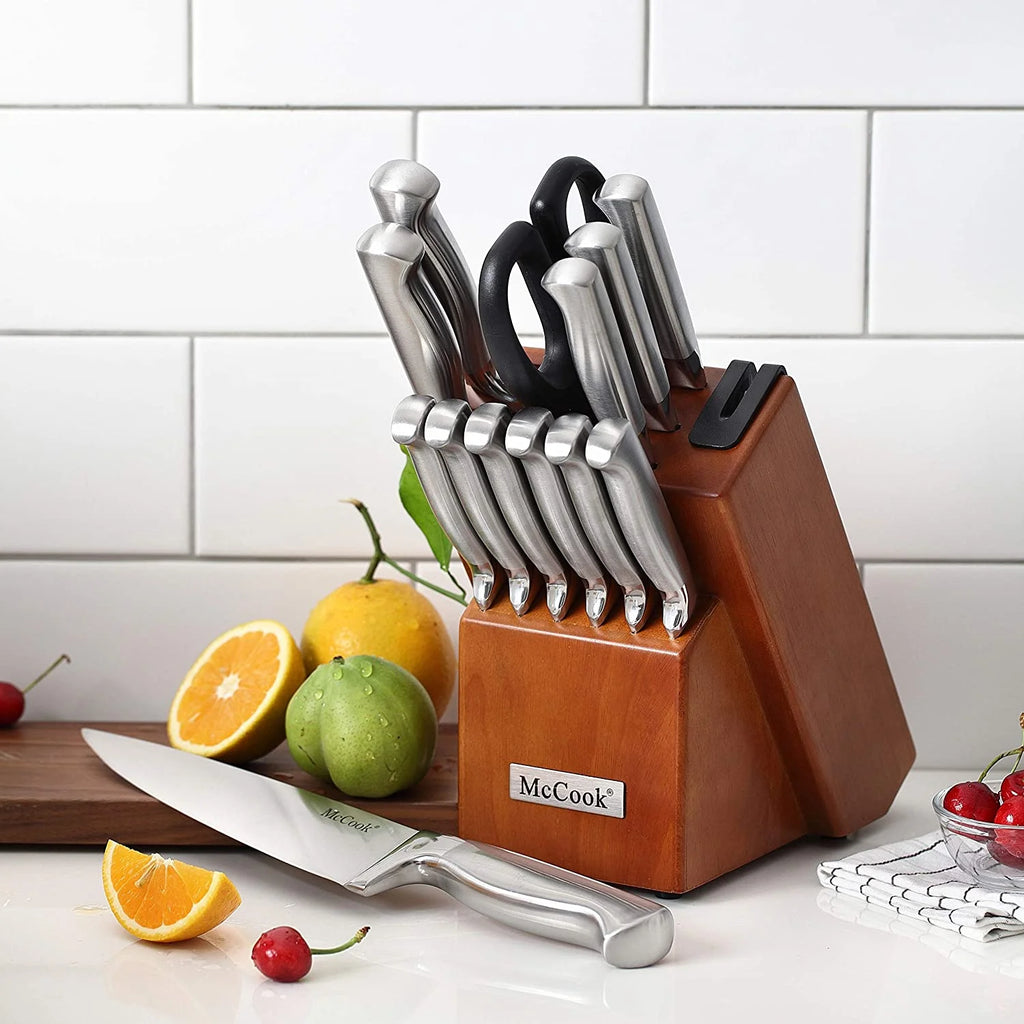 McCook MC29 Knife Sets, 15 Pieces German Stainless Steel Kitchen Knife Block Sets with Built-in Sharpener