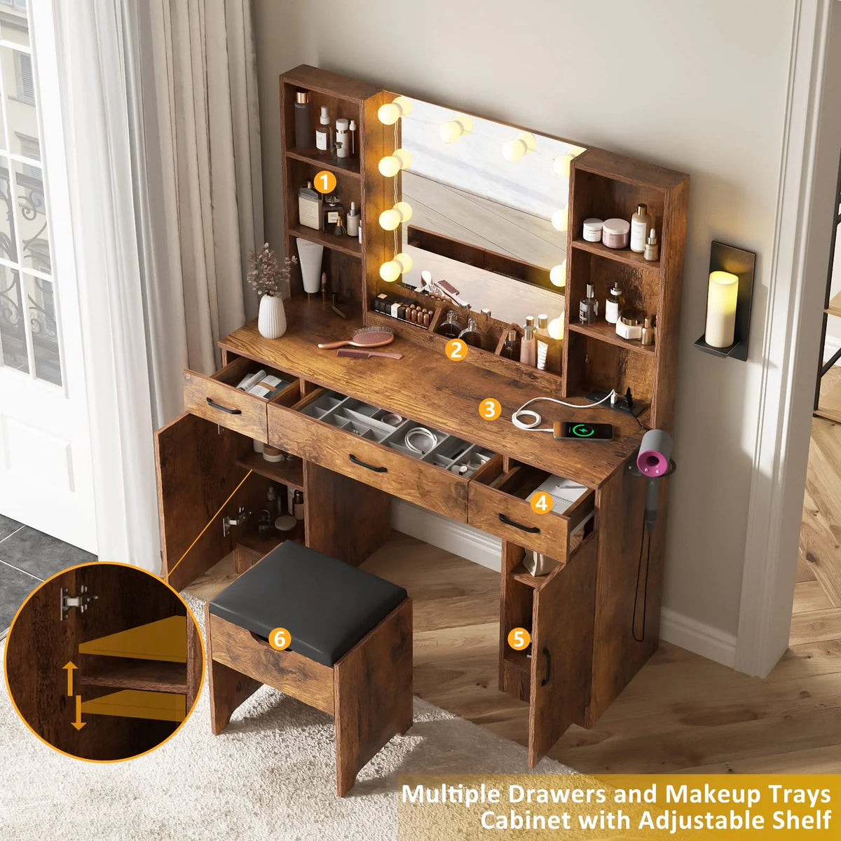 VEANERWOOD Large Makeup Vanity Set with Light Modern Makeup Vanity Table with Storage and Adjustable Lighting Colors for Bedroom 45.2in, White