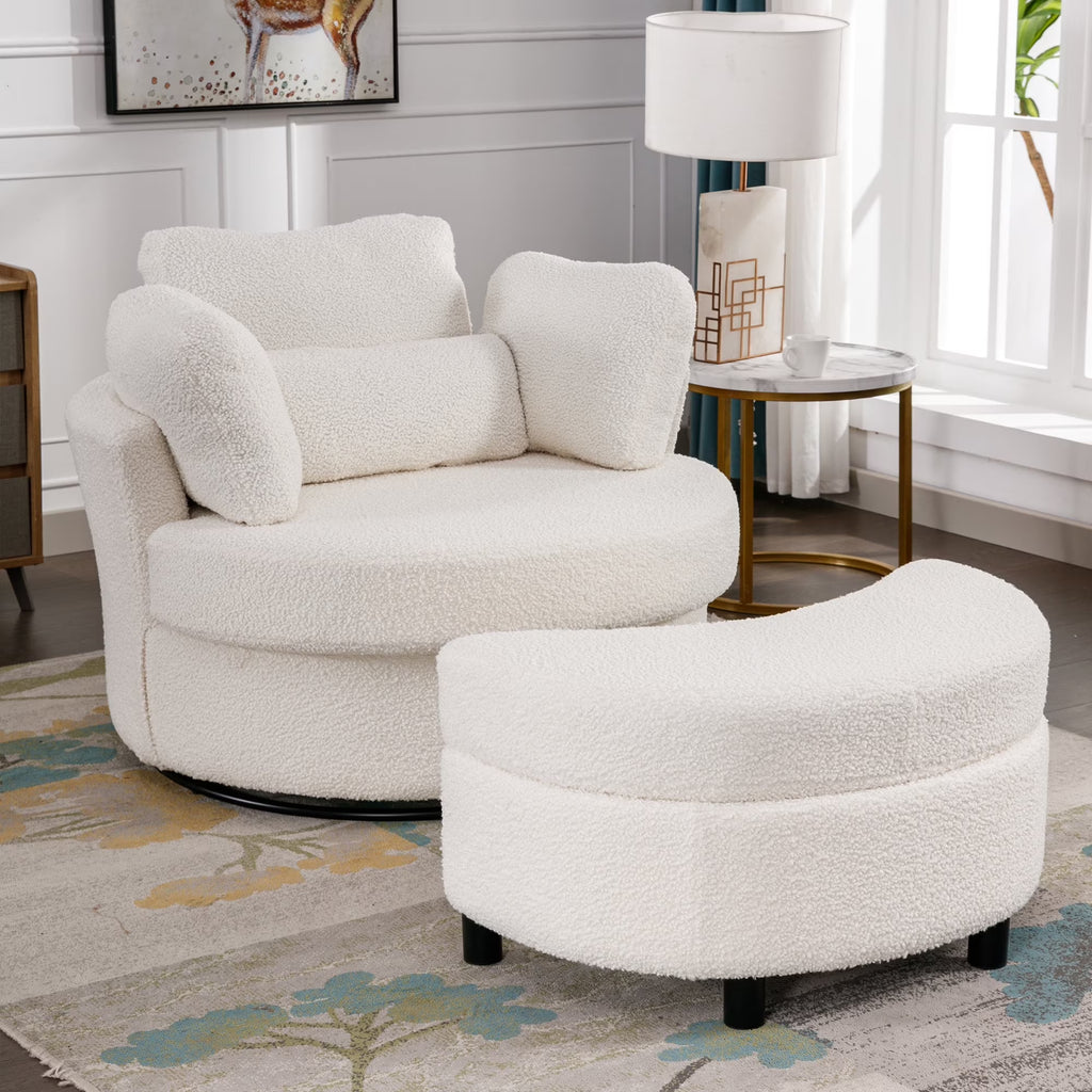 Muumblus Teddy Swivel Accent Barrel Chair, Modern Oversize Sherpa Comfy Round Reading Armchair for Living Room, Ivory
