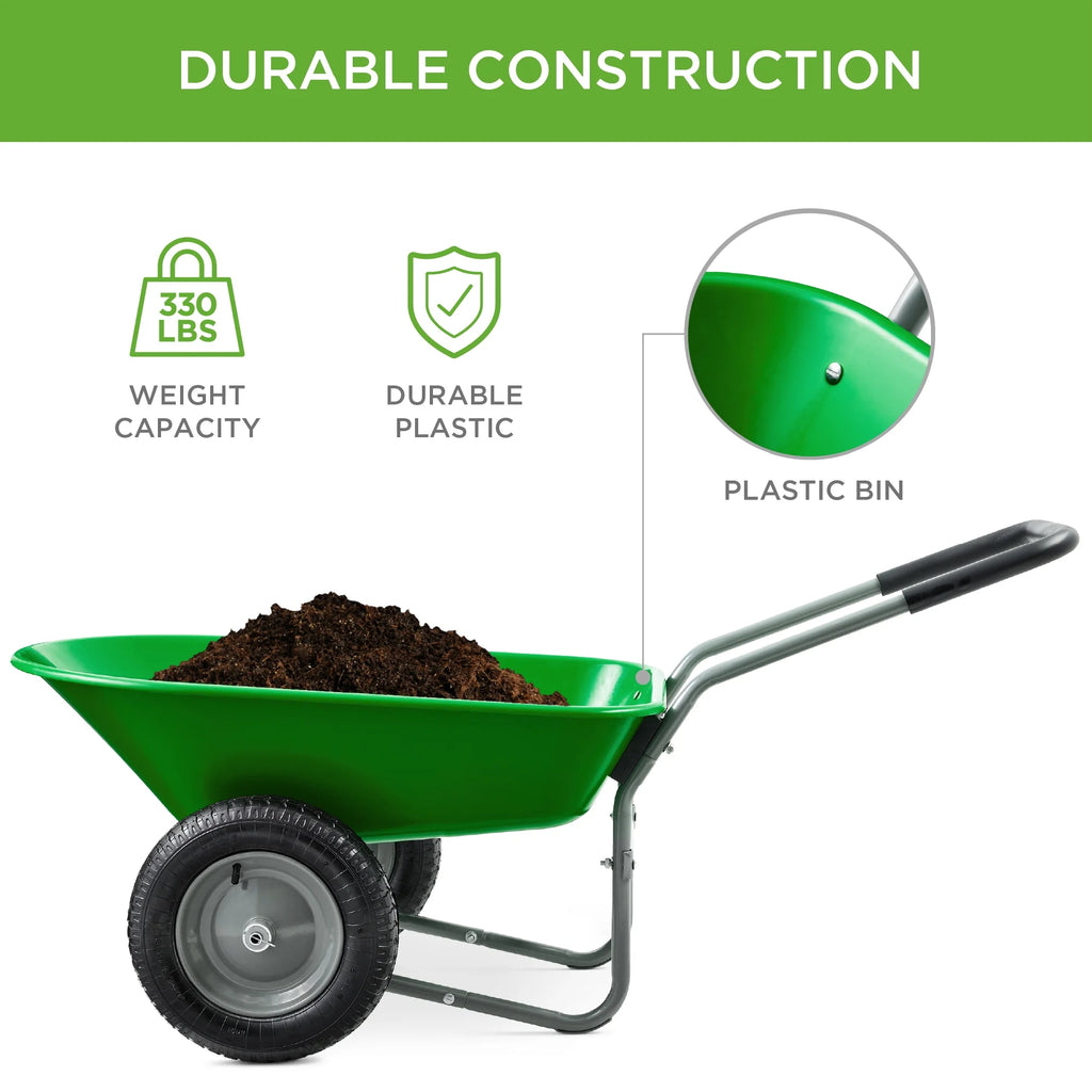 Best Choice Products Dual-Wheel Home Wheelbarrow Yard Garden Cart for Lawn, Construction - Green