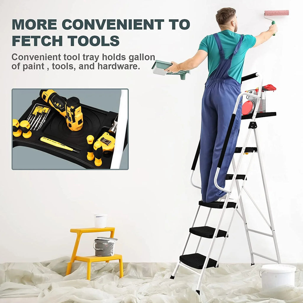 HBTower Folding 5-Step Ladder, 330lbs, with Handrails and Tool Tray and Anti-Slip Pedal, White