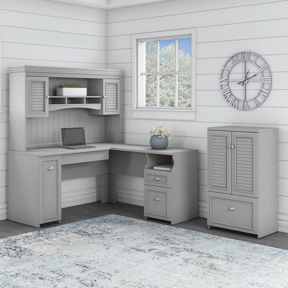 Fairview L Desk with Hutch and Storage Cabinet in White/Gray - Engineered Wood