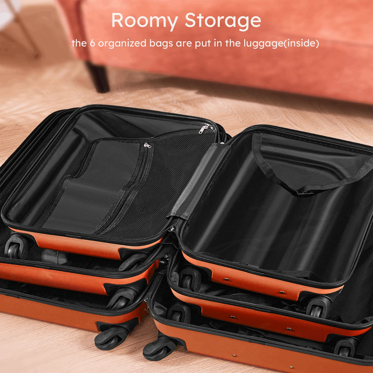 3 Piece Luggage Sets with 6 PC Organize Bags Lightweight Suitcases with Spinner Wheels, Pink