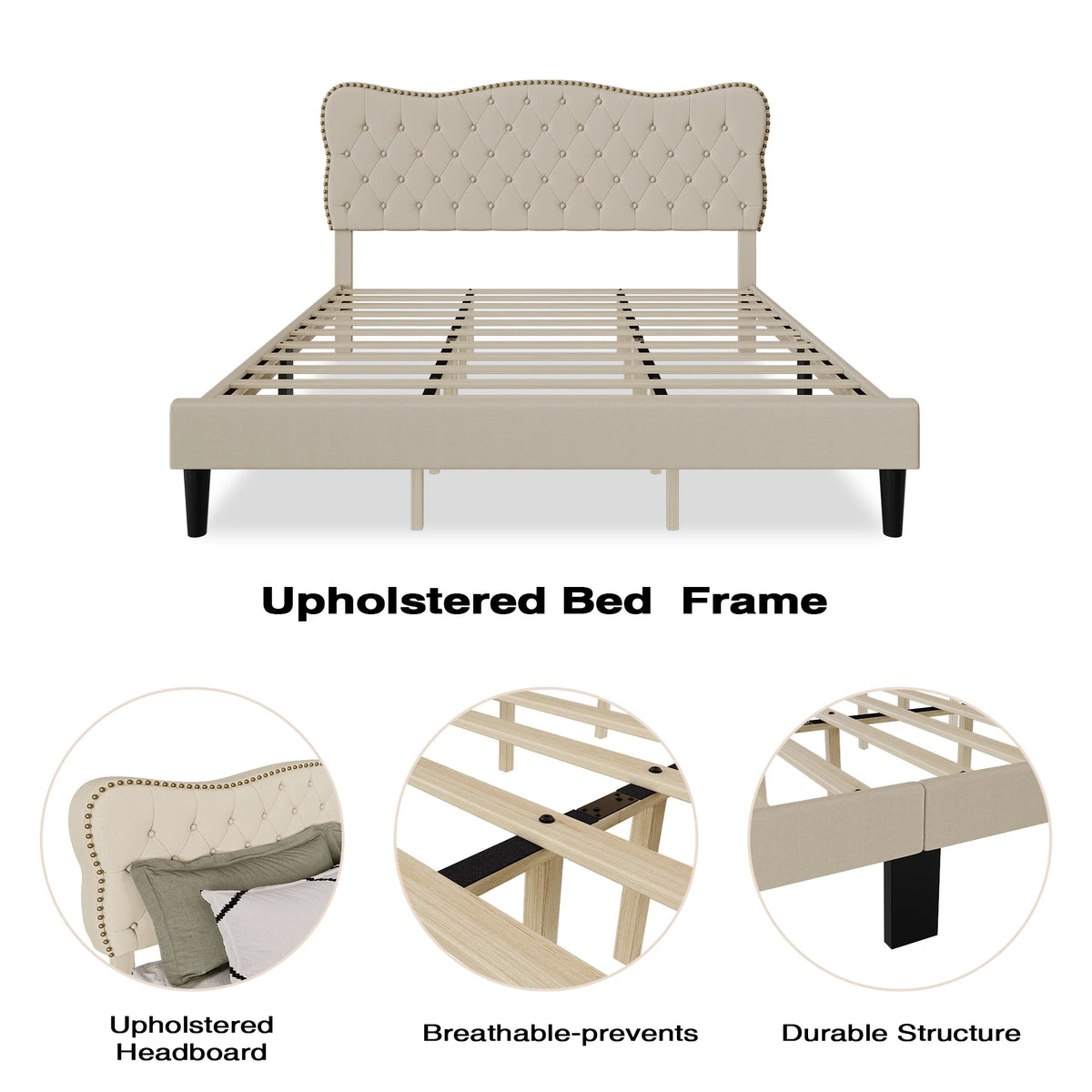 Homhougo King Size Bed Frame Upholstered Platform, Bed Frame with Square Velvet Headboard, Wooden Slats Support, Non-Slip and Noise-Free, No Box Spring Needed, Easy Assembly(Light Gray)