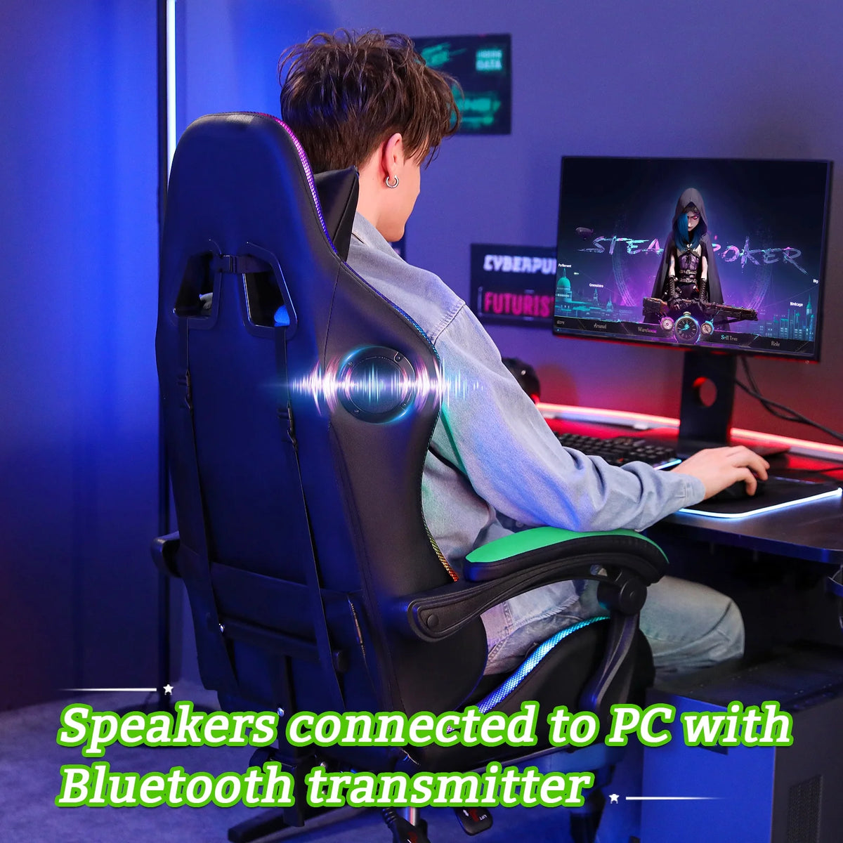 Hoffree Gaming Chair with Speakers PU Leather Office Chair with Footrest and LED Lights Ergonomic Gamer Chair with Massage Lumbar Support and Headrest Adjustable Swivel for Home Office 300lb
