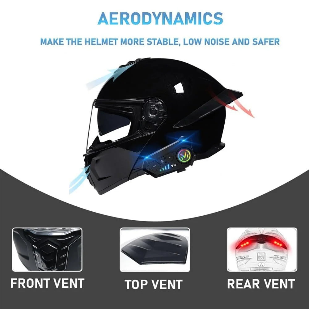 Bluetooth Modular Motorcycle Helmets with Tail Lights, DOT Approved Flip Up Full Face Dual Visor Motorcycle Helmet, with Dual Speakers and Microphone HA