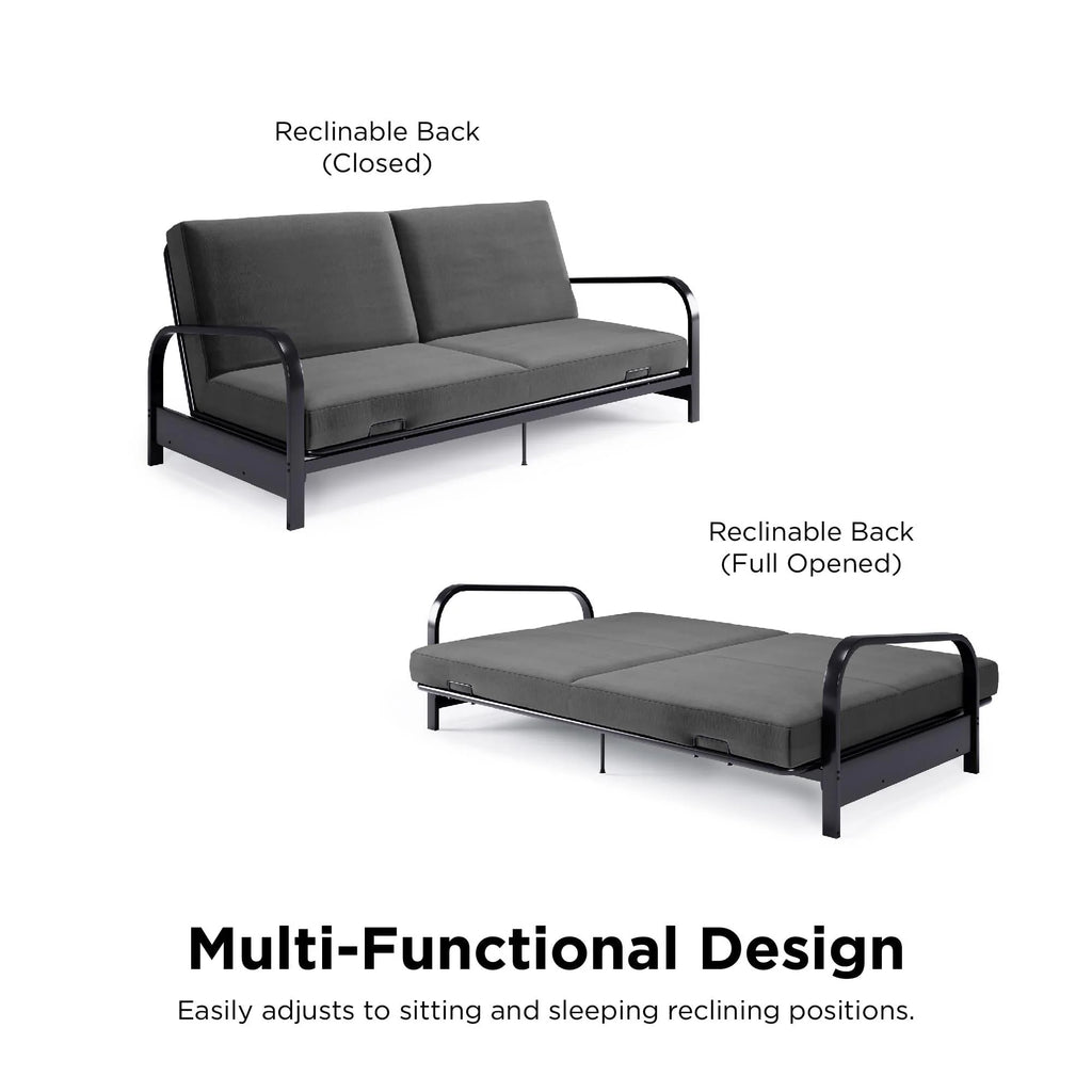 DHP College Metal Arm Futon, Black Frame with Gray Mattress