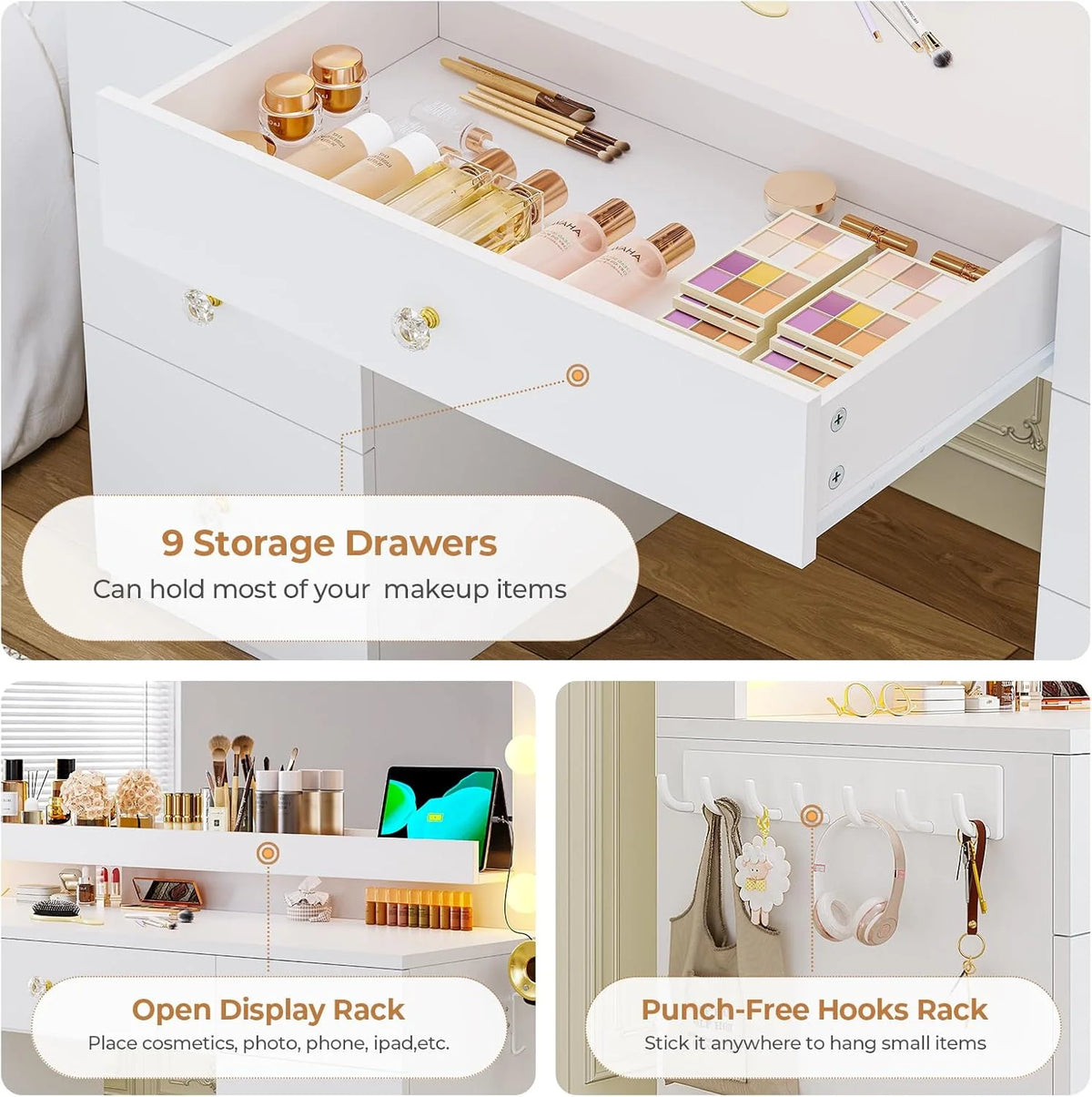 Aunfebrco White Vanity Desk Makeup Vanity Table with Mirror and Lights and Charging Station, Large Dressing Table with Storage Cabinet&6 Drawers&4 Storage Shelves for Bedroom