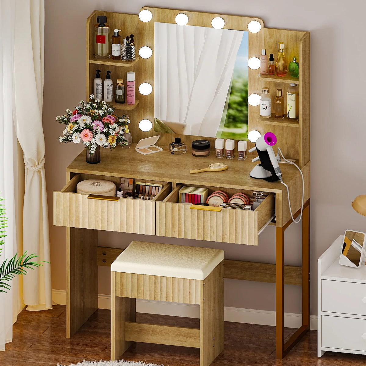 Ktaxon Lighted Makeup Vanity, White Vanity Table Set with 2 Drawer and Charging Station, Femal Gift