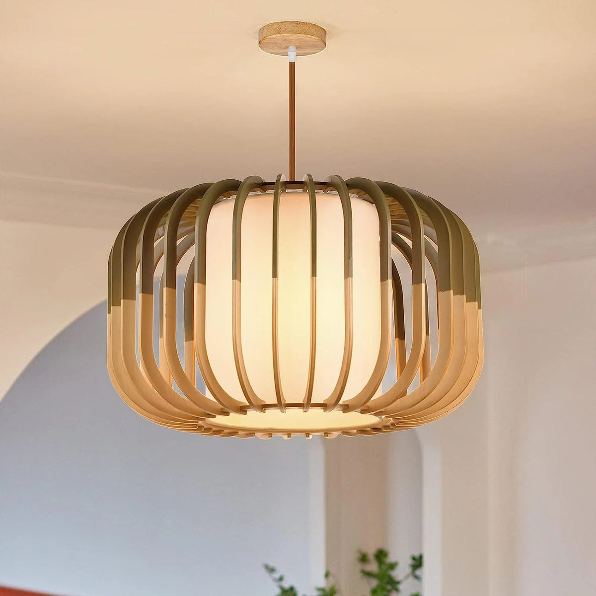 Arturesthome Wood Pendant Lights, Wicker Drum Chandelier Boho Pendant Light Basket Lighting Fixture, Large Natural Woven Hanging Lamp for Kitchen Island Dining Room Entryway