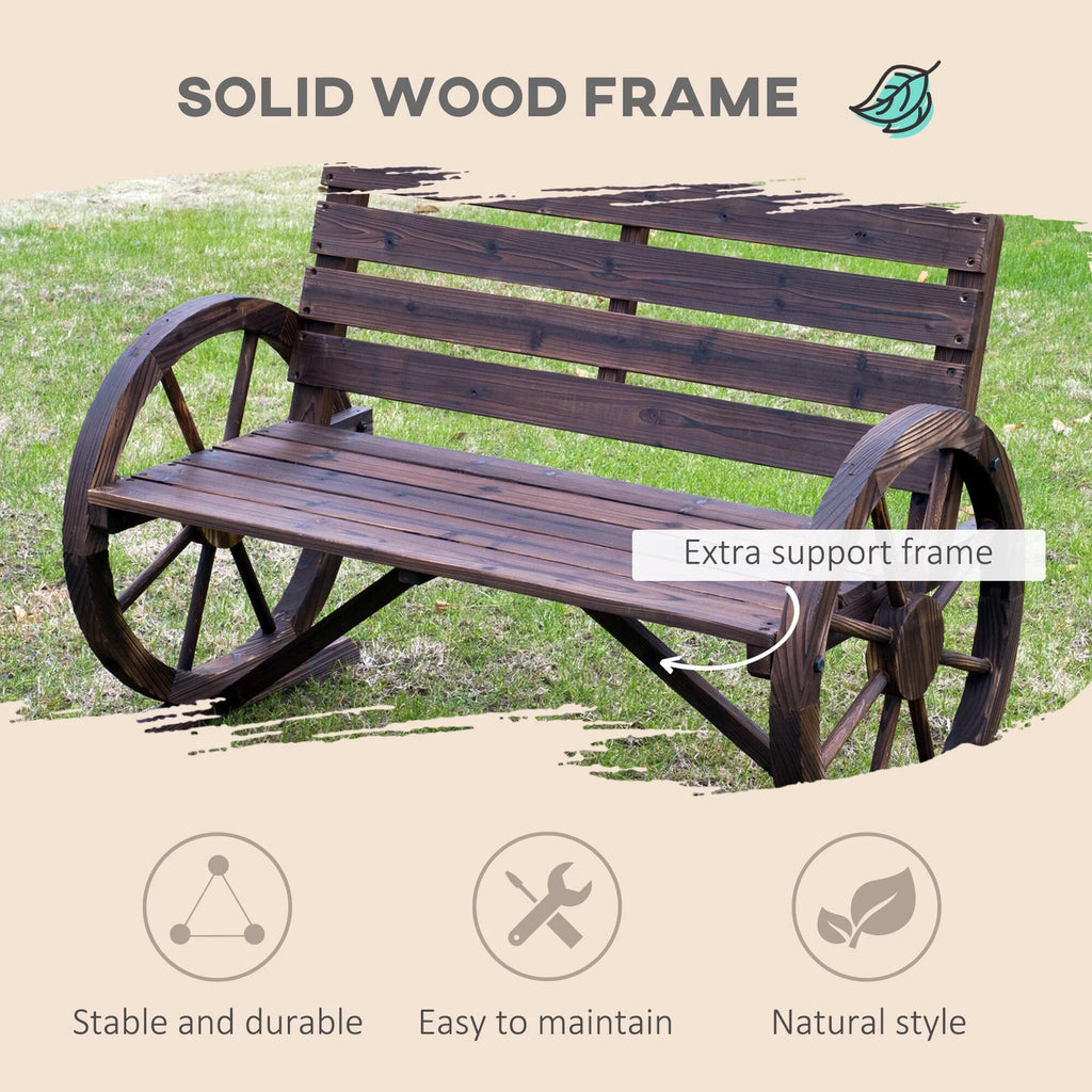 DUOSONG Outsunny 41" Wooden Wagon Wheel Bench, Rustic Outdoor Patio Weather Resistance Furniture, 2-Person Slatted Seat Bench With Backrest, Carbonized Brown Wood Garden & Outdoor Outdoor & Patio