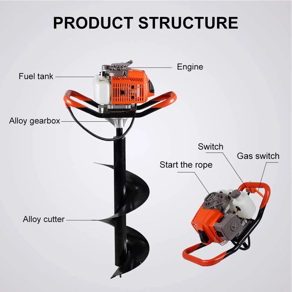 PRIJESSE Gas Powered Earth Digger Post Hole Digger with 3 Extension Rods + 3 Auger Drill Bits
