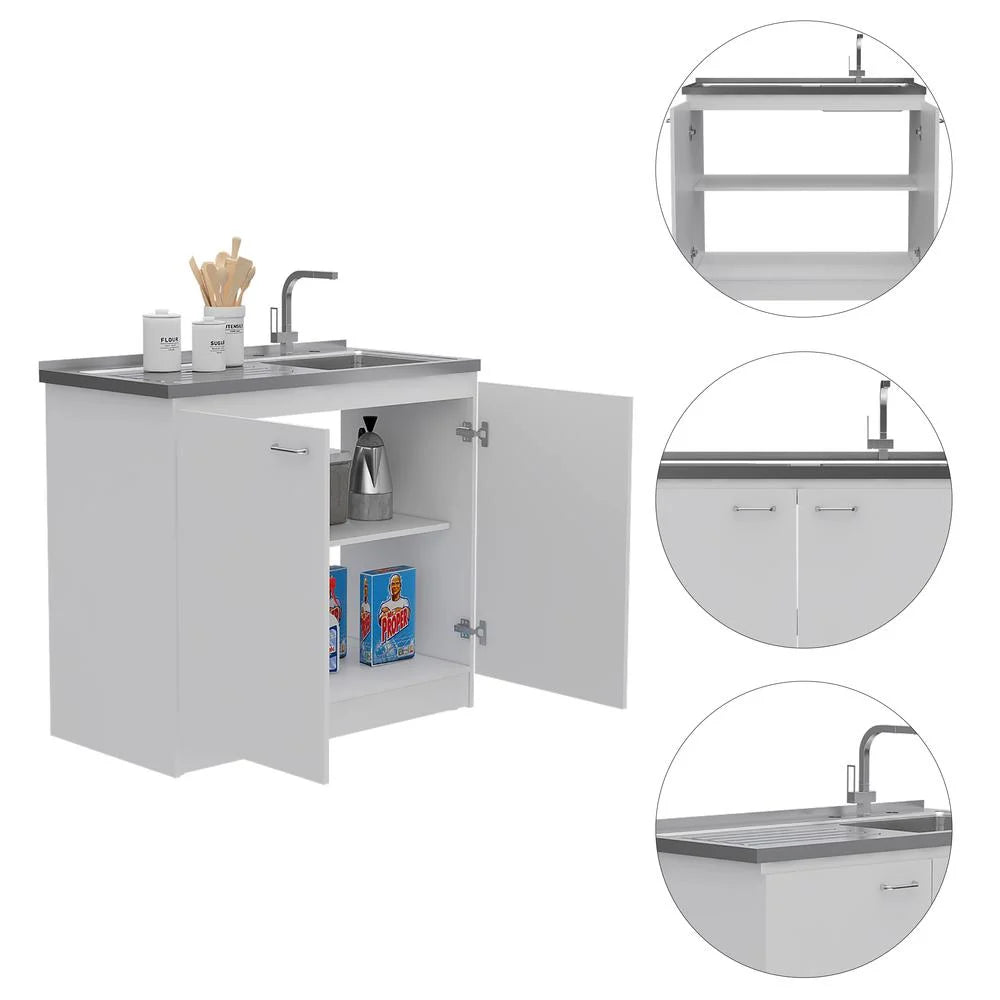 Depot E-Shop Salento Freestanding Sink With Double Door Cabinet, 2 Shelves, White/Light Oak