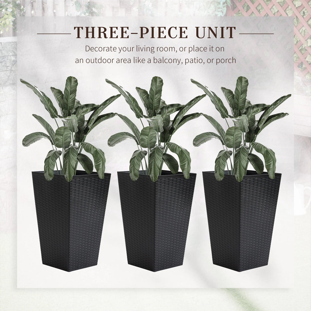 Outsunny Set of 3 Tall Planters with Drainage Hole, Outdoor Flower Plant Pots, Indoor Planters for Porch, Front Door, Entryway, Patio and Deck, Black