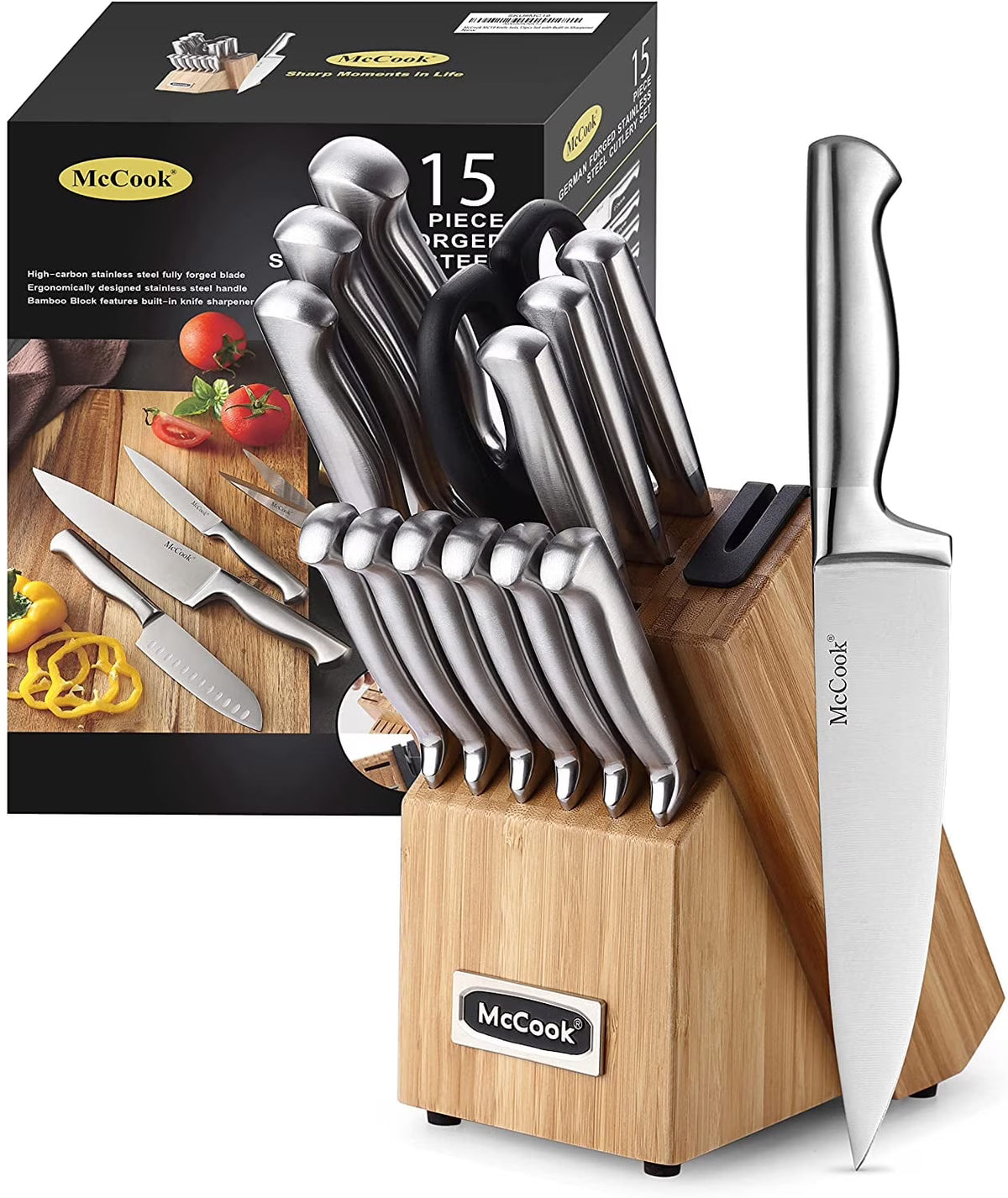 McCook MC29 Knife Sets, 15 Pieces German Stainless Steel Kitchen Knife Block Sets with Built-in Sharpener