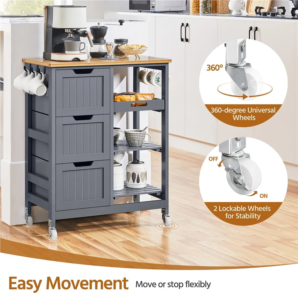 Alden Design 33" H Kitchen Storage Serving Cart for Kitchen Dining Room Bar, White