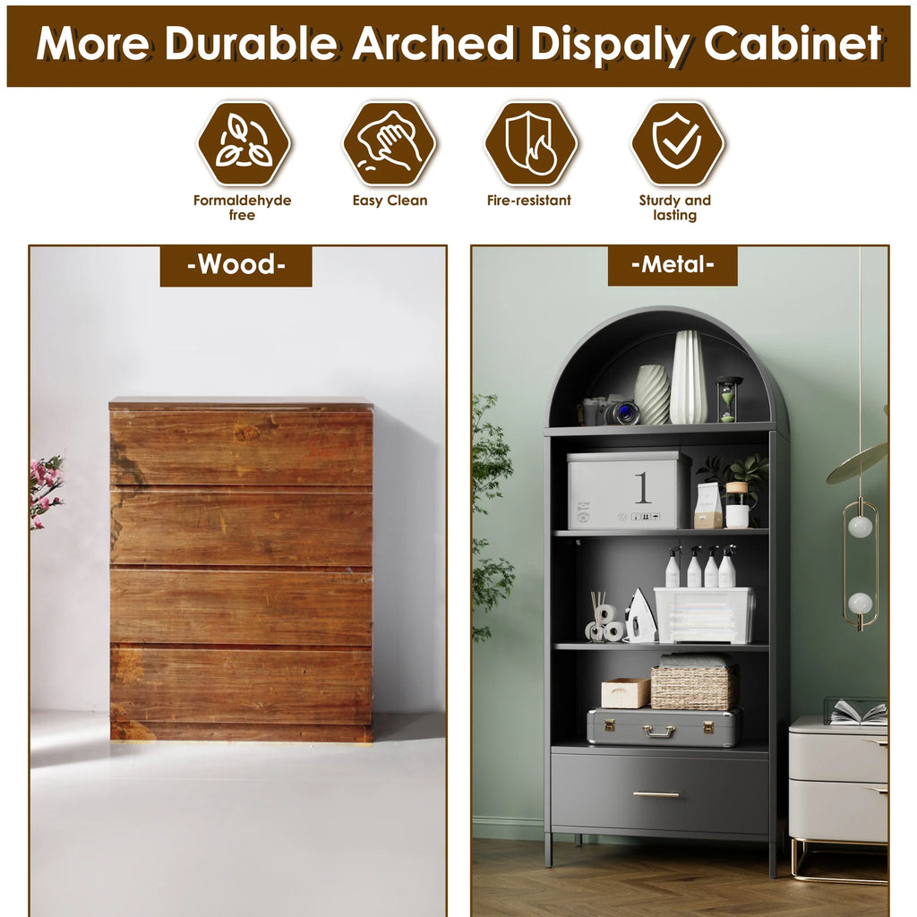 SUPEER Metal Arched Storage Display Cabinet with Glass Doors and Adjustable Shelves, Lockable Cabinet, Assembly Required, Black