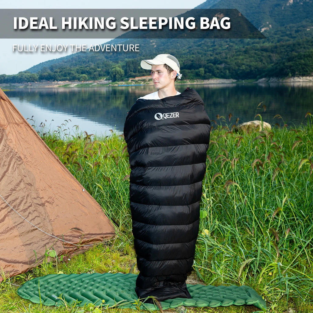 QEZER Ultralight Down Sleeping Bag for Adults, 650FP, 860g, 3-Season Compact for Backpacking & Camping, 36��F-46��F