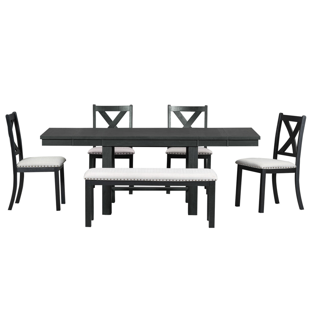 6 Piece Extendable Dining Table Set, Atumon Wood Dining Room Set for 6, Dining Table Set with 4 Beige Cushioned Chairs and Bench, Farmhouse Dining Table Set Furniture for Kitchen Dining Room, Natural
