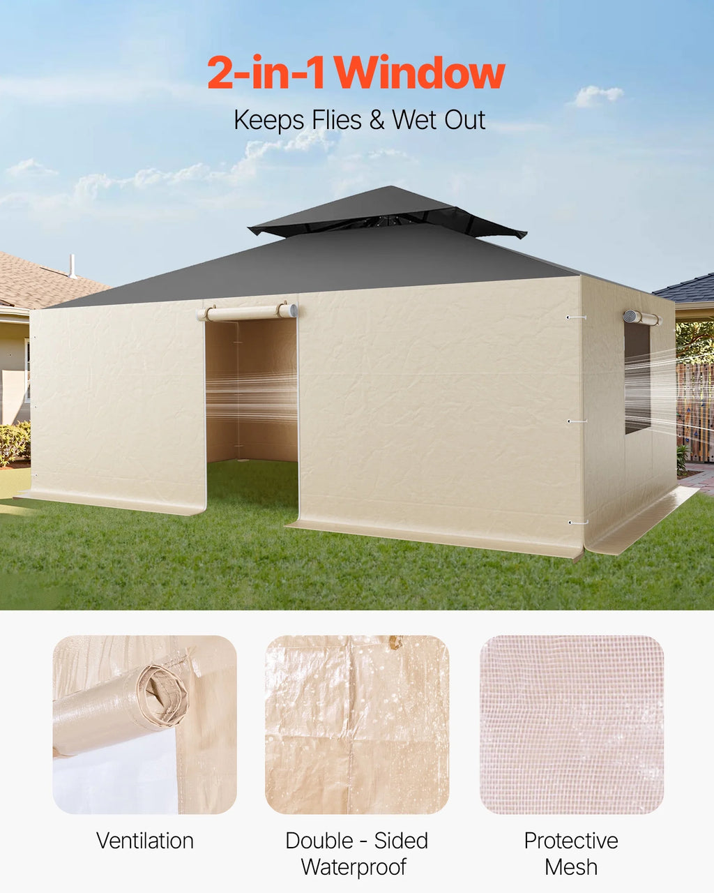 VEVOR Gazebo Sidewall Fits 12 x 20 ft Gazebos, 4-Panel Winter Cover Side Walls for Hardtop Gazebo, High-Density PE Material, All Weather Outdoor Cover with Mesh Windows, Gazebos not Included