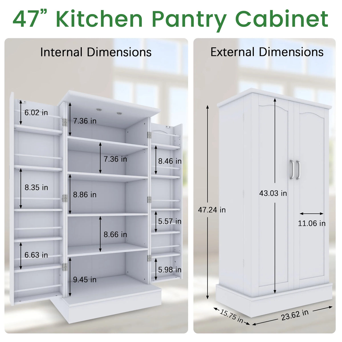 47 Kitchen Pantry Cabinet, White Buffet Cupboards Sideboard with Doors & Adjustable Shelves, Kitchen