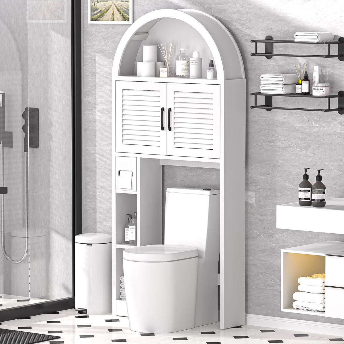 HARIPUL Over The Toilet Storage Cabinet w/ Unique Wood Grain & Arc Design, Freestanding Bathroom Shelf Organizer Space Saver w/ Doors & Anti-Tip Device, Wood Color