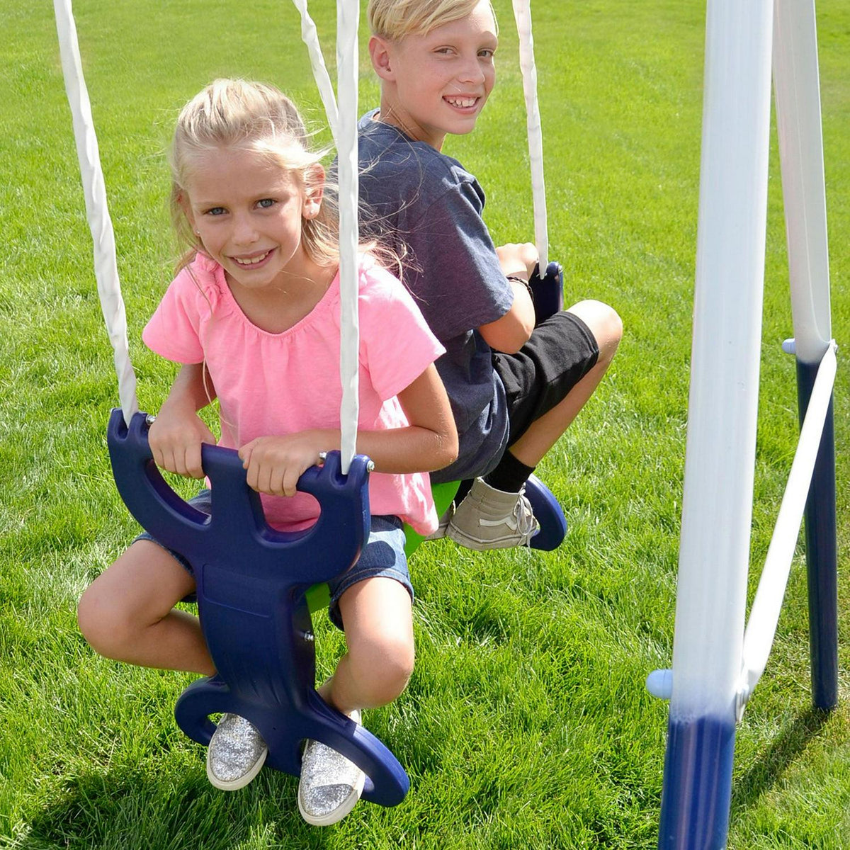 Sportspower Outdoor Rosemead Metal Swing Set with Roman Glider. Saucer. 6.5′ Slide with Lifetime Warranty. and Bonus Anchor Kit. Great for Kids Aged 3-8