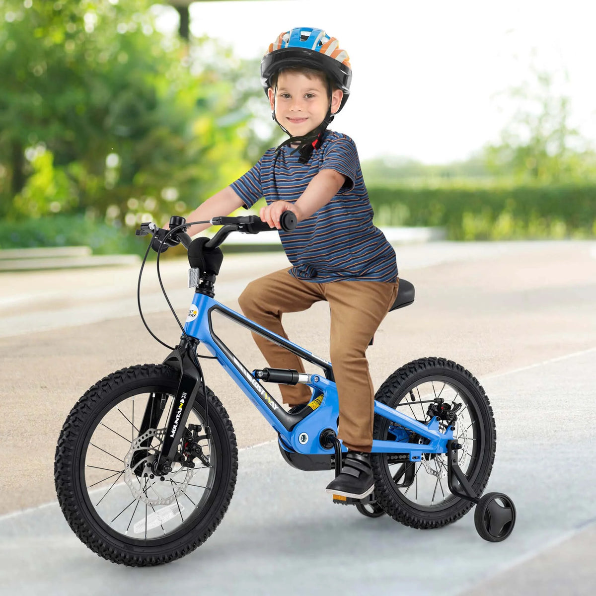 Costway 16 Inch Children Bicycle with Training Wheels & Double Disc Brakes Adjustable Seat Magnesium Alloy Blue